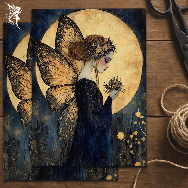 Papel De Seda Fada Noturna Mágica com Flores Sob Lua Ouro (Criador carregado)
