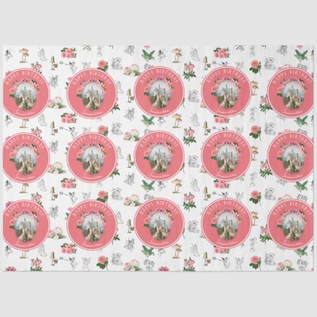 Papel De Seda Fairies Pink Floral Mushroom Fairy Castle Birthday (Frente )