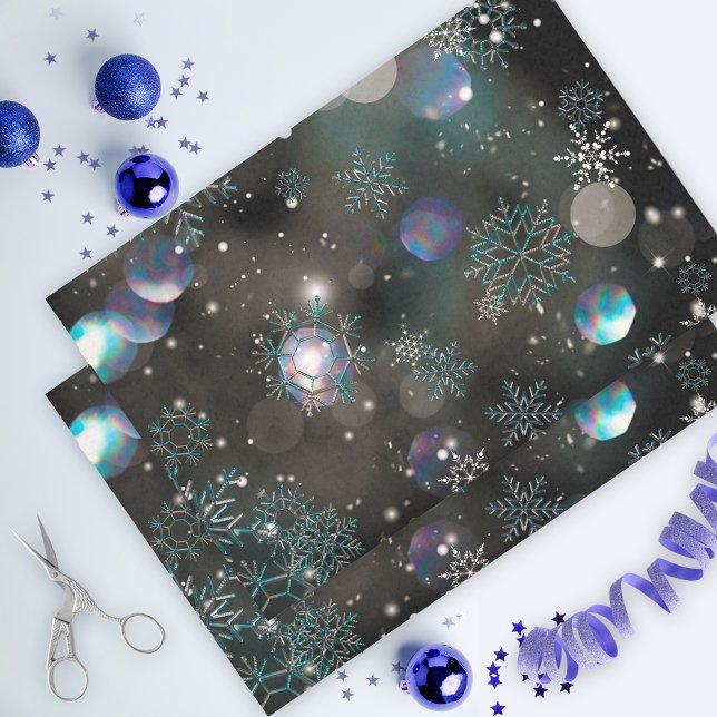 Papel De Seda Falling Crystal Snowflakes e Bokeh em preto (Criador carregado)