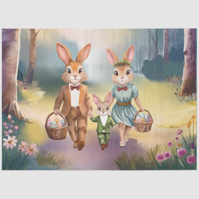 Papel De Seda Família Coelhinha de Páscoa Perseguindo Ovos - Cor (Frente )