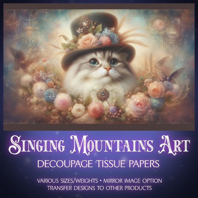 Papel De Seda Fancy Cat in Victorian Hat Floral Decoupage  (Criador carregado)