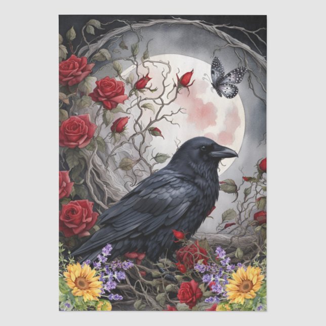 Papel De Seda Fantasia Lua, Corvo & Rosas Vermelhas & Girassóis (Frente )