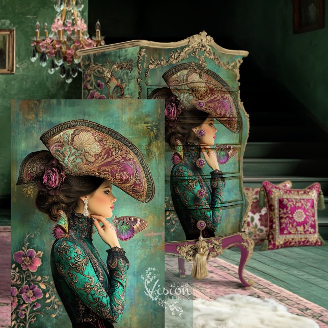 Papel De Seda Fantasia Vitoriana Retrato Borboletas Barroco (Victorian Hat Adorned Lady, Butterflies Baroque Fantasy Portrait Art Decoupage Paper)