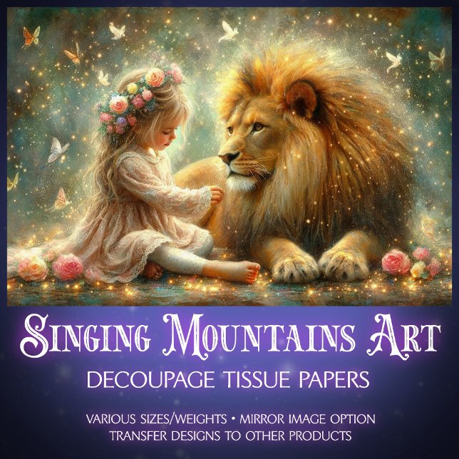 Papel De Seda Fantasia Whimsical Amiga Menina e Decoupage do Leã (Criador carregado)