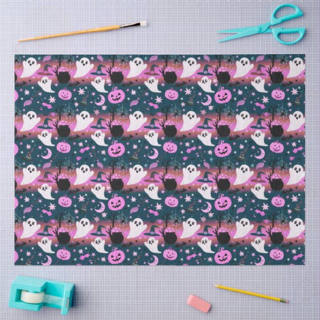 Papel De Seda Fantasma e Abóboras, Padrão Rosa e Azul (Arte )