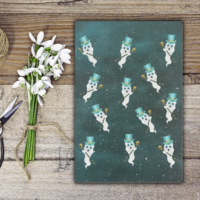 Papel De Seda Fantasmas Vestidos Flutuando em Chapéus de Céu Not (Halloween ghosts in blue top hats with fancy skull canes floating in blue night sky on tissue paper.)