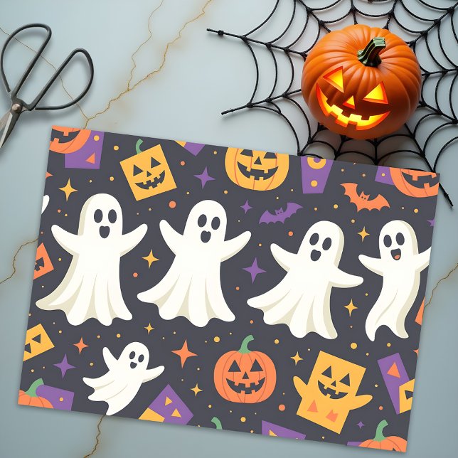 Papel De Seda Fantasmas vibrantes e Felizes Pumpkins Halloween (Criador carregado)