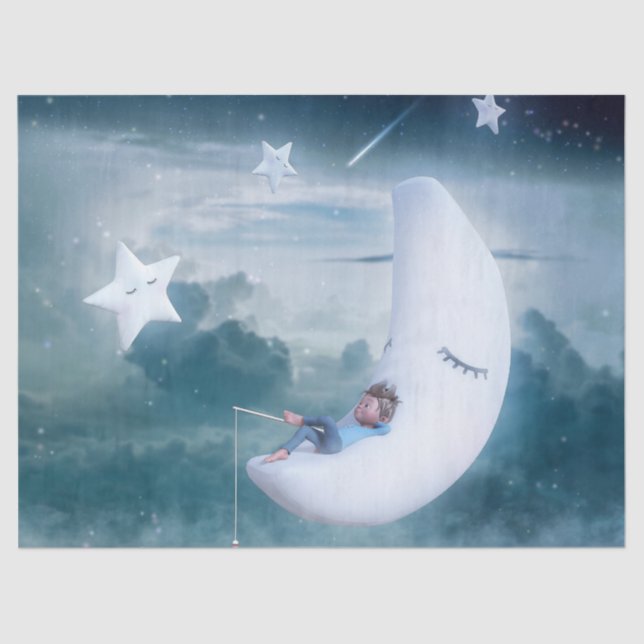 Papel De Seda Fantasy Art Young Boy Moon Stars Clouds (Frente )