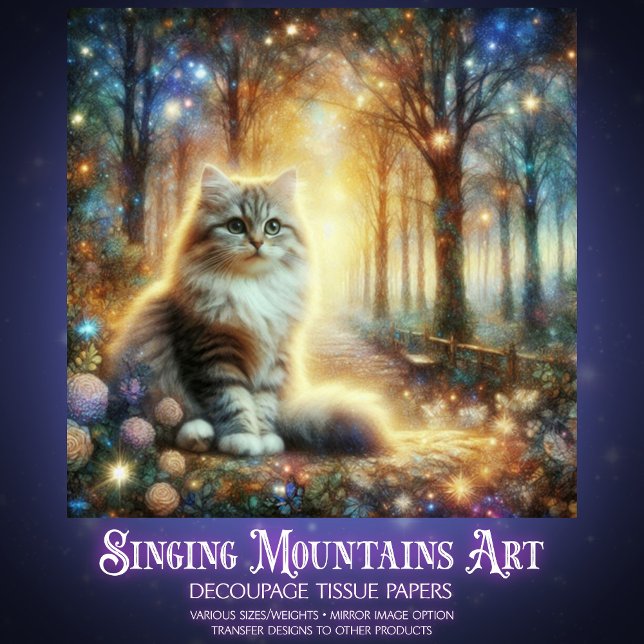 Papel De Seda Fantasy Cat in a Floral Woodland Garden Decoupage  (Criador carregado)