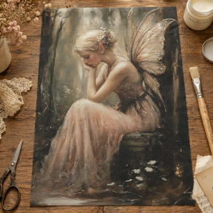 Papel De Seda Fantasy Fada Sentada em uma Decoupage de Madeira
