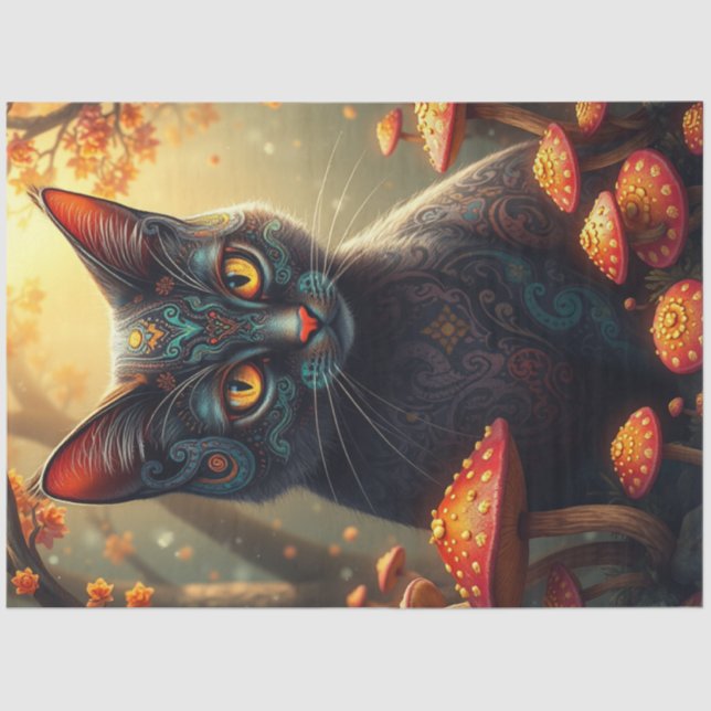 Papel De Seda Fantasy Mshroom Forest Black Cat (Frente )