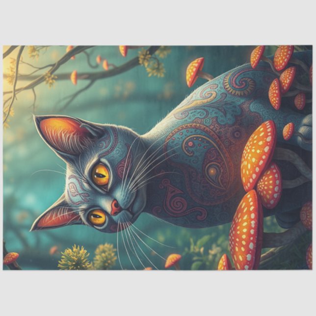 Papel De Seda Fantasy Mshroom Forest Blue Cat (Frente )