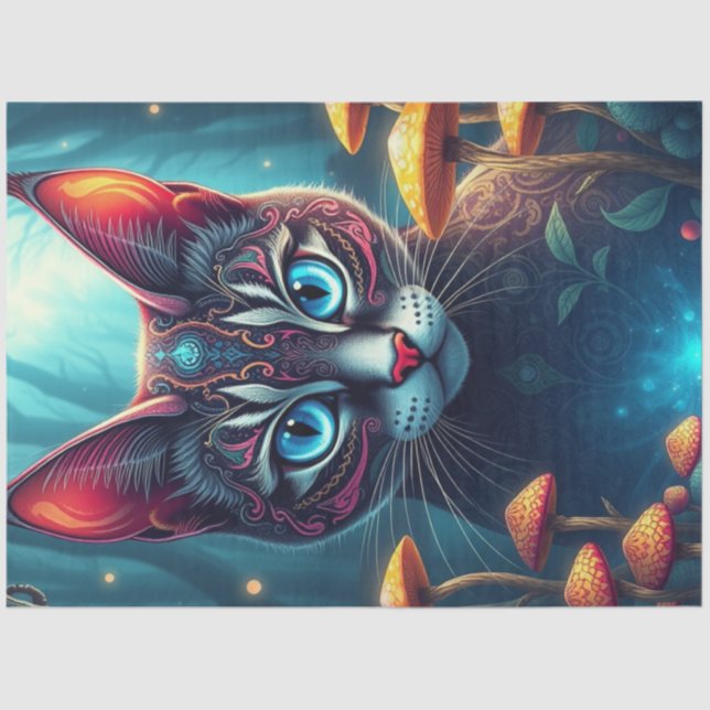 Papel De Seda Fantasy Mushroom Forest Blue eyed Cat  Tissue Pape (Frente )