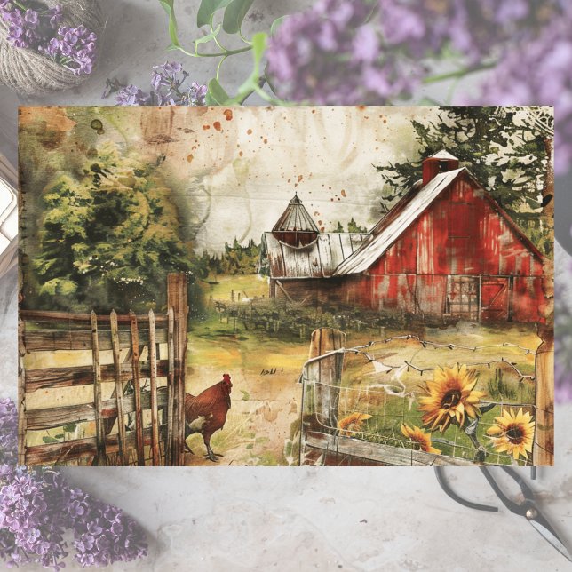 Papel De Seda Farmyard Barn com Decoupage de Frango (Farmyard Barn with Chicken Decoupage Tissue Paper)