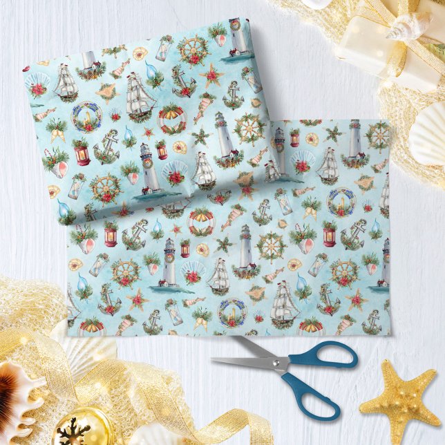 Papel De Seda Faróis de Natal náuticos que navegam em navios (Criador carregado)