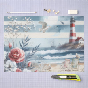 Papel De Seda Farol de Beira-Mar Aquarela, Barco à Vela & Gaivot