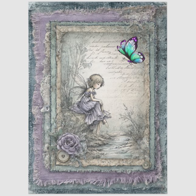Papel De Seda Faux Denim & Lace Fantasy Fairy Decoupage (Frente )