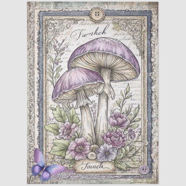 Papel De Seda Faux Denim & Lace Fantasy Mushroom Decoupage (Frente )