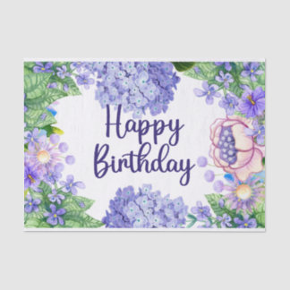 Papel De Seda Feliz Aniversário Aquarela Flores Roxas
