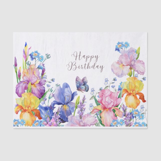 Papel De Seda Feliz Aniversário Aquarela Iris Flores e Jardim (Frente )