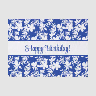 Papel De Seda Feliz Aniversário Branco Floral em Azul
