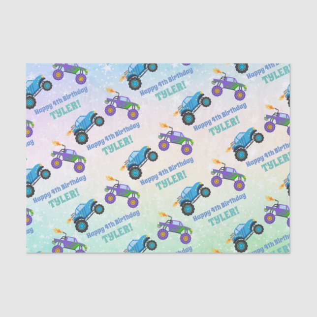 Papel De Seda Feliz Aniversário, Caminhões Monstros, Nome E Idad (Frente )