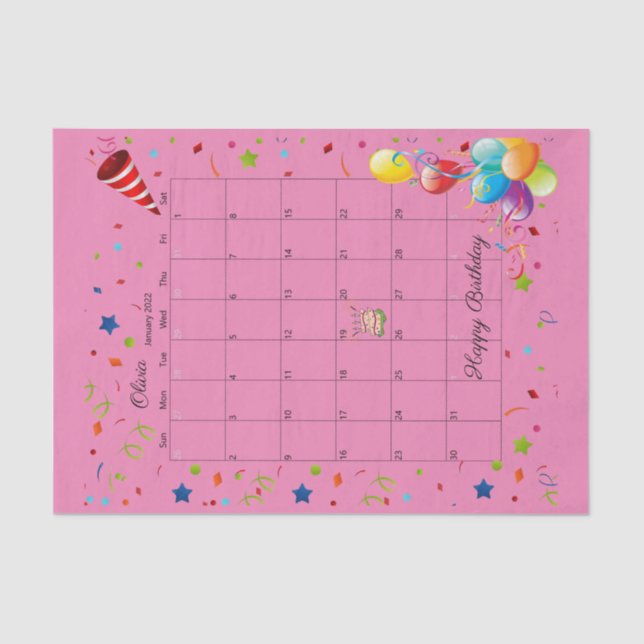 Papel De Seda Feliz Aniversário de Janeiro de 2022 (Frente )