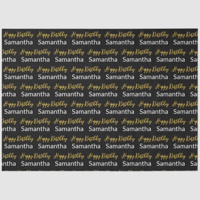 Papel De Seda Feliz Aniversário, Dourado Script Black and White  (Frente )