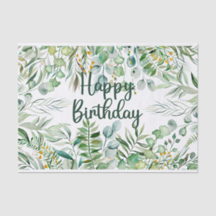 Papel De Seda Feliz Aniversário - Folhas de Aquarela Eucalyptus
