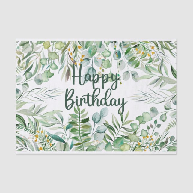 Papel De Seda Feliz Aniversário - Folhas de Aquarela Eucalyptus (Frente )