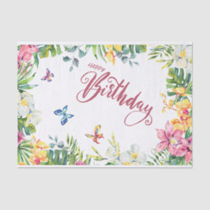 Papel De Seda Feliz Aniversário Folhas Tropicais, Flores, Borbol