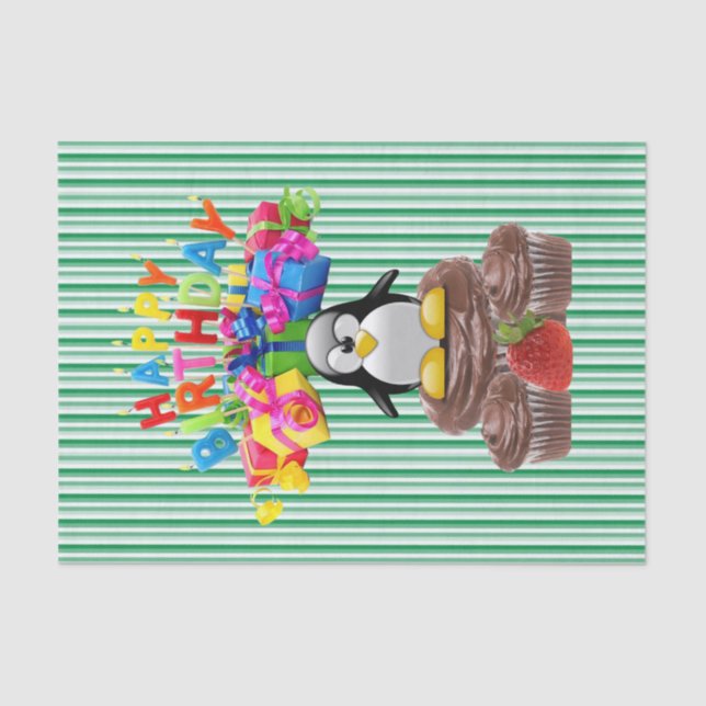 Papel De Seda Feliz Aniversário, Papel-Tecido Stripe Pinguin (Frente )
