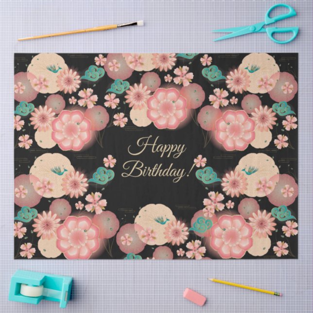 Papel De Seda Feliz aniversário - Primavera Peach Flowers Garden (Arte )