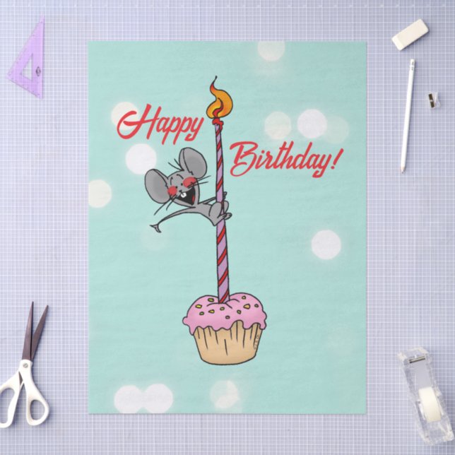 Papel De Seda Feliz Aniversário Rato com Cupcake e Vela (Arte )