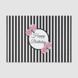 Papel De Seda Feliz Aniversário, rosas cor-de-rosa, listras bran