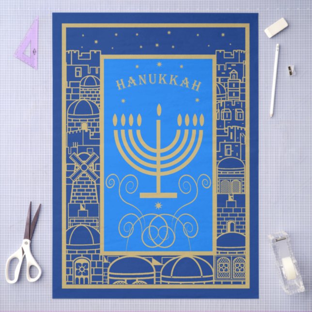 Papel De Seda Feliz Hanukkah Dourado Menorah, Feriado Judeu (Arte )