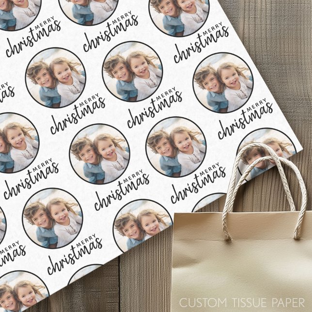 Papel De Seda Feliz Natal com Foto de Um Círculo - Branco (Custom Tissue Paper)