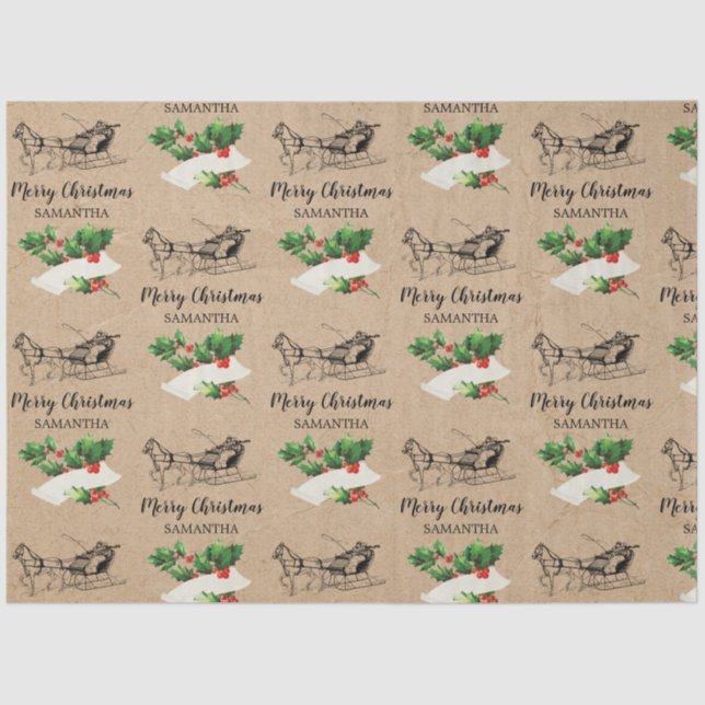 Papel De Seda Feliz Natal Holly Berries Winter Kraft Brown (Frente )
