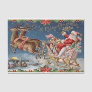 Papel De Seda Feliz Natal Vintage Papai Noel em Sleigh