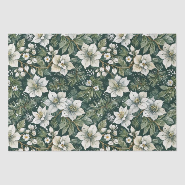 Papel De Seda Feriado Branco Azaleas e Evergreens (Frente )