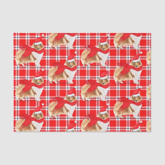 Papel De Seda Feriado do Collie Collie em Xadrez Vermelha e Nata (Frente )