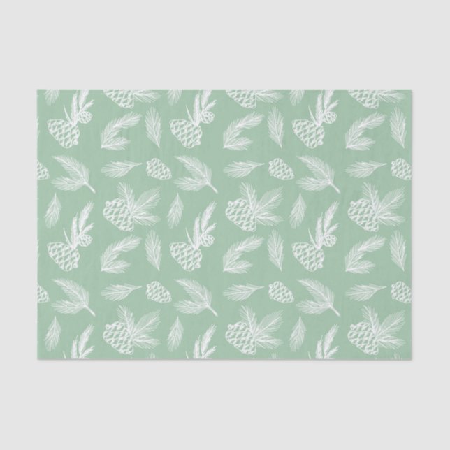 Papel De Seda Feriado Rustic Pine Cones White e Mint (Frente )