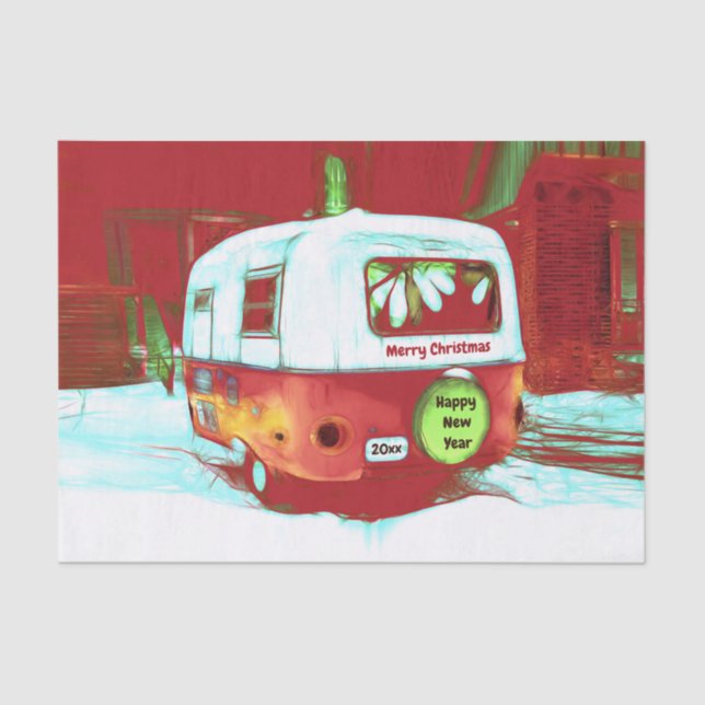 Papel De Seda Feriado Vermelho Verde do Camper Retro Natal Vinta (Frente )