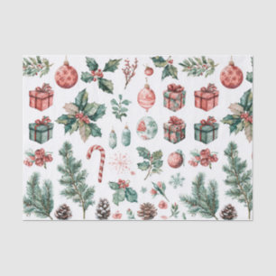 Papel De Seda Férias Vermelho Verde Aquarela Pinheiro Berry