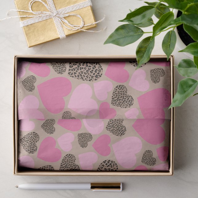 Papel De Seda Festa Leopardo Marrom e Corações Rosas (Presente)