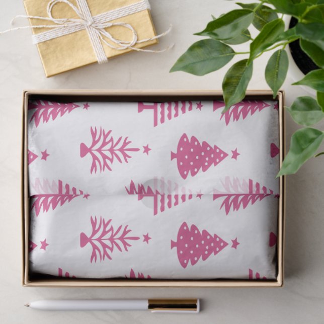 Papel De Seda Festive Pink and White Christmas Tree Pattern (Presente)