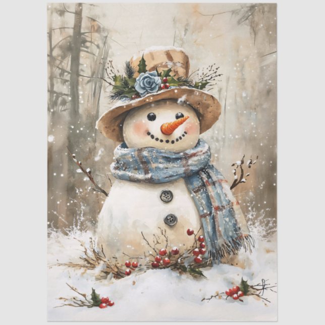 Papel De Seda Festive Snowman in Forest Decoupage (Frente )