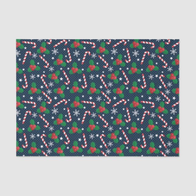 Papel De Seda Festivo Holly Berry & Cane Patterno Natal (Frente )