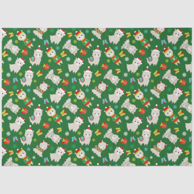 Papel De Seda Festivo Lhamas de Natal em Verde (Frente )