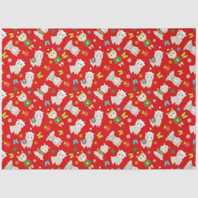 Papel De Seda Festivo Lhamas de Natal em Vermelho (Frente )